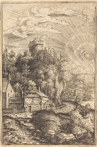 Landschaft mit einer Burg und strahlender Sonne