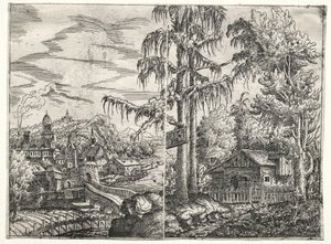 Landschaft mit der Stadt an einem Fluss und dem Häuschen zwischen Bäumen von Hanns Sebald Lautensack