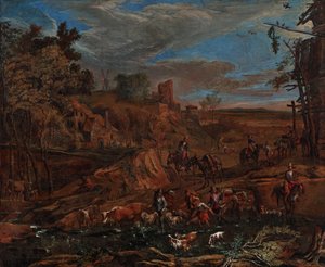 Herbstlandschaft mit Furt und Viehtrieb