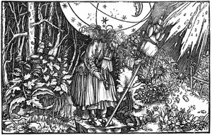 Alte Frau (Hexe oder Fee) beim Spinnen