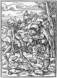 Die Simulakren des Todes von Hans Holbein dem Jüngeren (1497-1543): der Blinde. Der Tod greift nach dem Stock des Blinden und fungiert als Führer. Gravur.