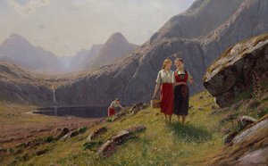 Drei Mädchen am Bergsee in Westnorwegen