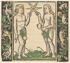 Adam und Eva halten einen Stern, Illustration aus Beschlossen Gart des Rosenkranz Mariae