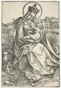 Madonna und Kind auf einer grasbewachsenen Bank