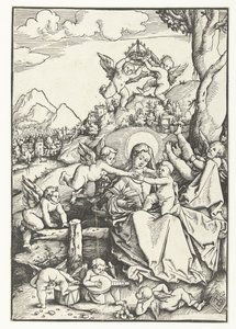 Maria mit Kind und acht Engeln in einer Landschaft