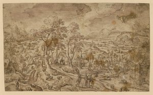 Christus auf dem Weg nach Emmaus in weiter Landschaft von Hans Bol
