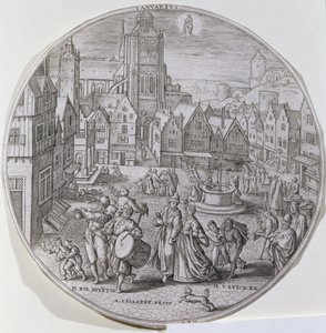 Januar, zeigt Bürger, die den Dreikönigstag auf dem Marktplatz von Bergen feiern, aus einem Satz von zwölf 