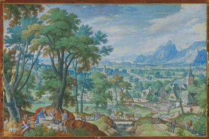 Landschaft mit Jakob am Brunnen von Hans Bol