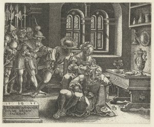 Delila schneidet das Haar des schlafenden Samson, während die Philister warten