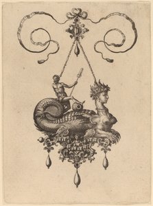 Entwurf für ein Anhänger mit einer Sphinx mit dem Körper eines Fisches, der einen Mann mit einem Ruder trägt