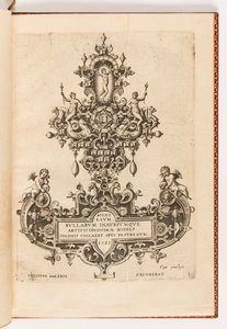 Tafel 1, Titelseite aus einer Serie von zehn, betitelt Monilium Bullarum Inauriumque Artificiocissimae Icones, Ioannis Collaert Opus Postremum (Entwürfe für Halsketten, Anhänger und Ohrringe von höchster Kunstfertigkeit, das letzte Werk von Joannis Collaer