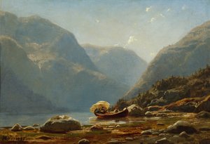 Fjordlandschaft mit Menschen im Ruderboot von Hans Gude