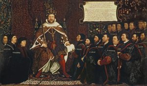 Heinrich VIII. überreicht eine Urkunde an Thomas Vicary, zur Erinnerung an den Zusammenschluss der Barbiere und Chirurgen, 1541 von Hans Holbein der Jüngere
