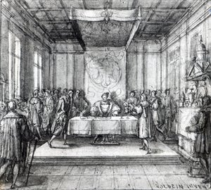 Heinrich VIII. in seinem Privatgemach (Feder, Tinte und Waschung auf Papier) von Hans Holbein der Jüngere