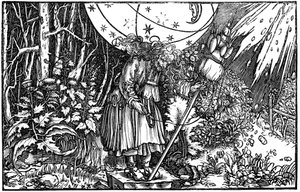 Alte Frau, Hexe oder Fee beim Spinnen, 1547