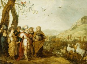 Noah und seine Familie vor dem Einsteigen in die Arche