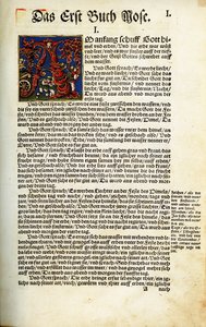 Die erste Seite des Buches Genesis in Martin Luthers Bibelübersetzung von 1534 von Hans Luft