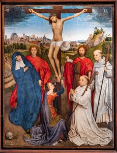 Gekreuzigter Christus mit der Jungfrau, Johannes dem Täufer und dem Evangelisten, Maria Magdalena und zwei Zisterzienseräbten von Hans Memling