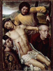 Die Kreuzabnahme. Der Leichnam Jesu Christi wird von drei Männern getragen, darunter Joseph von Arimathäa und Nikodemus. Gemälde von Hans Memling, ca. 1470. Flämische Kunst. Granada, Königliche Kapelle von Hans Memling