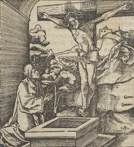 Ein Mann betet vor einem Kruzifix, aus Hymmelwagen auff dem, wer wol lebt..., 1517 von Hans Schäufelein the Elder