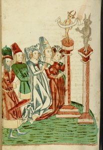 Eine Gruppe von Männern und Frauen betet zwei Idole an, 1469