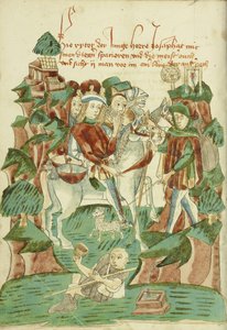 Josaphat trifft einen Blinden und einen Bettler, Ms Ludwig XV 9 fol. 31v, 1469 (Tinte, Farbwaschungen und Tempera auf Papier)