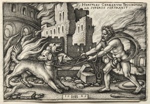 Die Arbeiten des Herkules: Herkules zieht Cerberus aus der Unterwelt, 1545 von Hans Sebald Beham