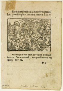 Der Regen von Manna aus Biblische Historien Künstlich fürgemalt, Platte fünf aus Holzschnitten aus Büchern des XVI Jahrhunderts von Hans Sebald Beham