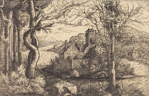 Blick auf einen Fluss mit einer Burg auf einer Insel, 1553