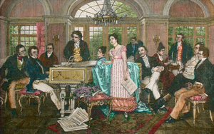 FRANZ SCHUBERT (1797-1828) österreichischer Komponist - Schubert-Abend im Haus von Joseph von Spaun - von links nach rechts: Bauernfeld, Schubert, Kupelwieser, Beethoven, Frohlich-Schwestern, Mayrhofer, Schwind, Spaun, Vogl, Grillparzer - Schubert bei Spau