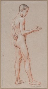 Akt eines jungen Mannes mit ausgestrecktem Arm, im Profil stehend dargestellt von Hans Thoma