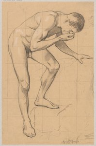 Akt eines nach vorn gebeugten Mannes von Hans Thoma