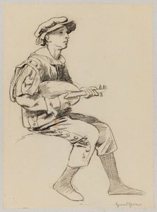 Junge in einem Renaissancekostüm, der Laute spielt von Hans Thoma
