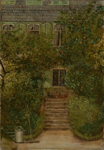 Garten eines Landhauses mit Gießkanne und Rechen von Hans Thoma