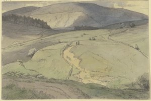 Schwarzwaldlandschaft, Blick über hügelige Wiesen auf höhere Berge von Hans Thoma