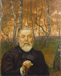 Selbstporträt vor einem Birkenwald von Hans Thoma