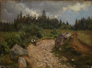 Steiniger Weg am Waldrand mit sitzendem Mann von Hans Thoma