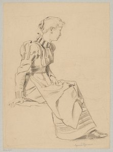 Studie einer sitzenden jungen Frau in einem langen Kleid von Hans Thoma