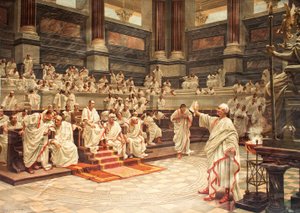 Cicero im Senat beschuldigt Catilina (108-62 v. Chr.) der Verschwörung, 21. Oktober 63 v. Chr. - Chromolithographie