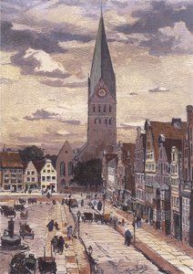 Am Sande (Blick nach Osten zum Turm der St. Johanniskirche)