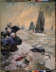 Die Frauen der Fischer. Die Frauen der Fischer beobachten die Segelboote ihrer Männer im stürmischen Meer