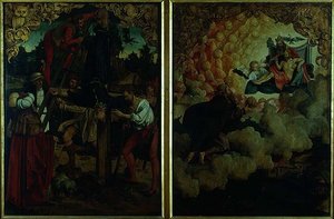 Geschichten von S.S. Peter und Paul Altarbild: Detail zeigt LtoR Kreuzigung des St. Peter, St. Paul steigt in den Himmel auf (Detail)