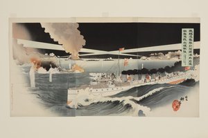 Unsere Zerstörer kämpften heftig gegen die feindlichen Schiffe außerhalb von Port Arthur und besiegten die feindliche Flotte im Morgengrauen am 13. April