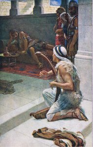 David spielt vor Saul, Illustration aus Bilder, die lehren Die Kronenserie, 1920 von Harold Copping