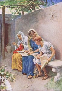 Timotheus wird die Schrift gelehrt, Illustration aus Harold Copping Bilder: Die Kronen-Serie, ca. 1920er