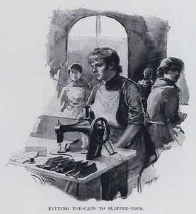 Anpassen von Zehenkappen an Hausschuhoberteile (s/w Foto) von Harold Hume Piffard
