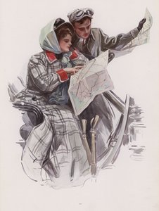 Mann und Frau lesen eine Karte in einem Auto von Harrison Fisher