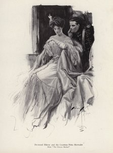 Zwei Charaktere, Desmond Ellery und die Gräfin Frina Mavrodin aus dem Roman Die Prinzessin Moritza von Percy Brebner von Harrison Fisher