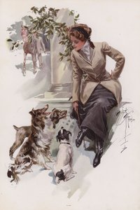 Junge Frau in Reitkleidung sitzt mit ihren Hunden von Harrison Fisher
