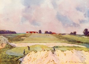 Golfplätze: Sandy Lodge, das erste Grün, Blick zum Clubhaus